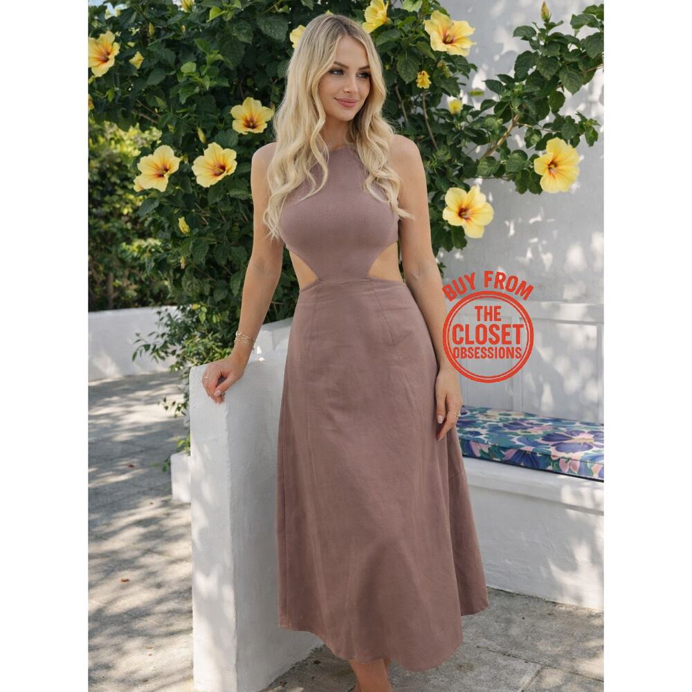 ZARA Taupe Cut Out Midi Dress Quiet Luxury Resort Vacation NWT - Picture 5 of 16